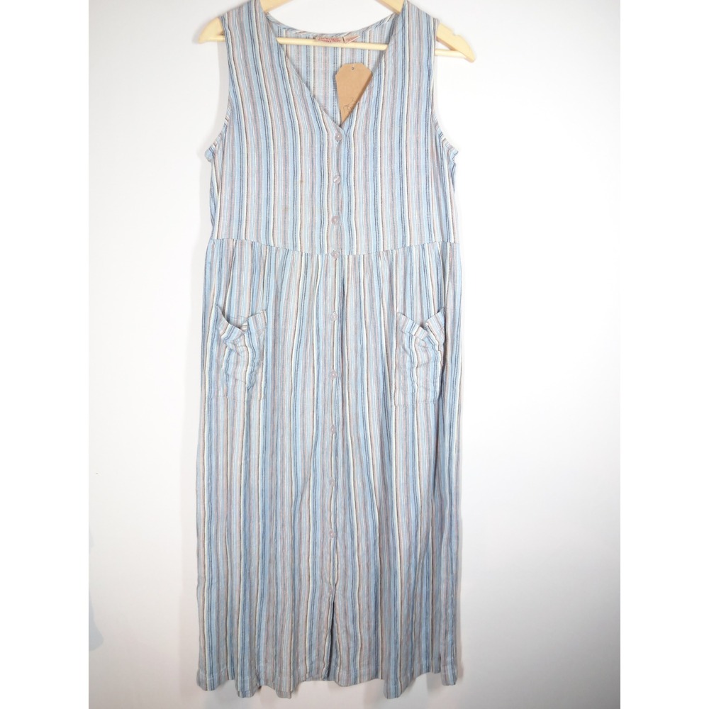 VTG Vermont Country Store Maxi Dress Medium Blue Stripe Cotton Vintage Boho